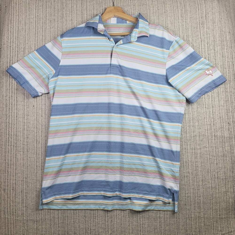 Johnnie-O Polo Shirt Mens Large Blue Pink Yellow Stripe Texas Embroidered Golf